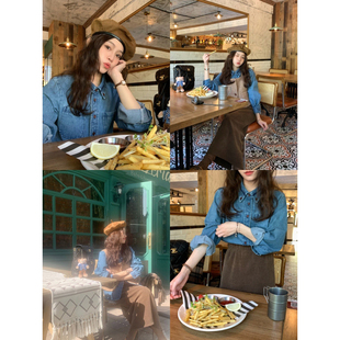 FF BLUE 纽约辣妹 复古丹宁红棕扣牛仔衬衫港风叠穿百搭长袖上衣