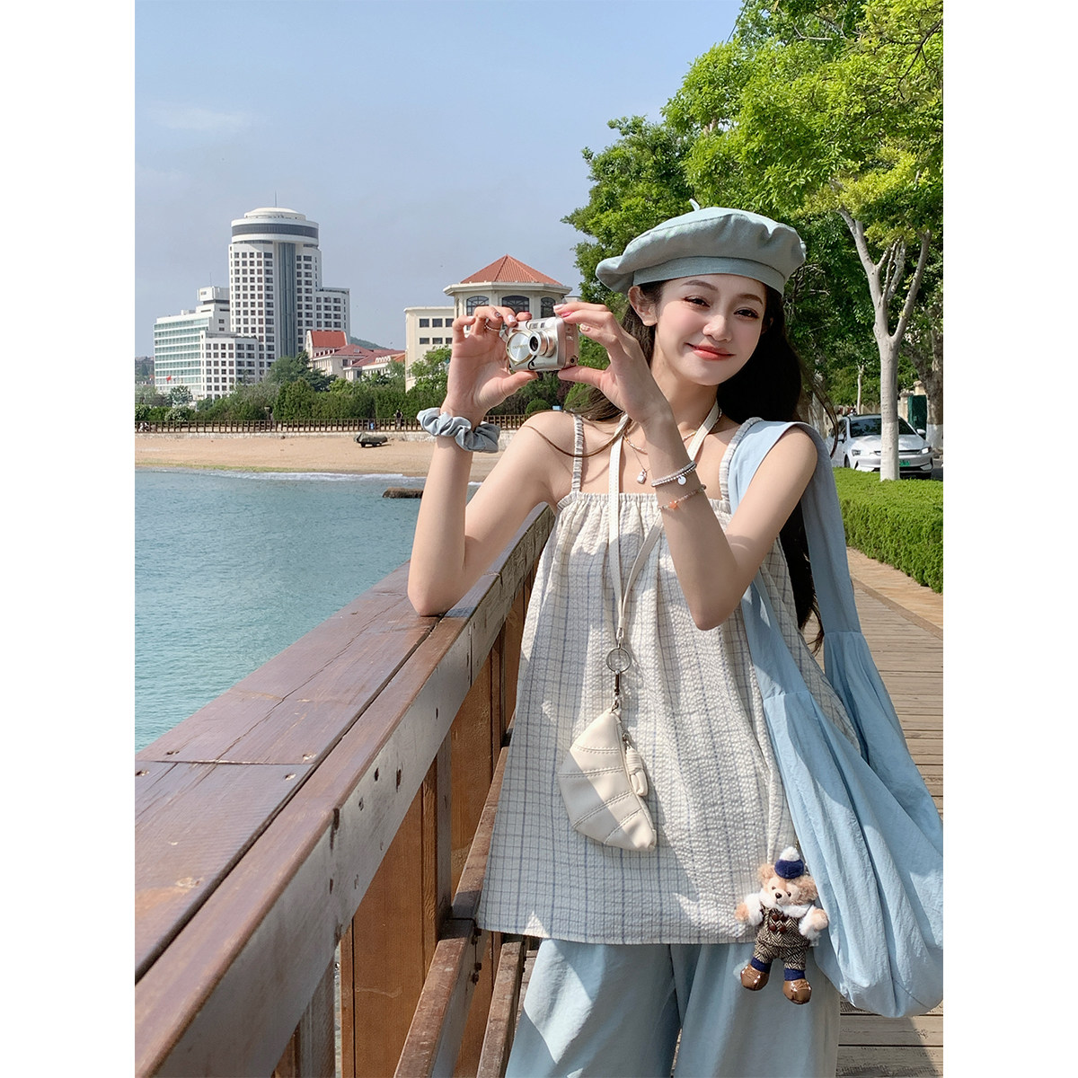 FF BLUE 夏意悠悠 80棉肌理感格纹吊带背心甜美气质宽松遮肉上衣,女装/女士精品,背心吊带,淘宝优惠券,粉丝福利购,淘宝优惠卷