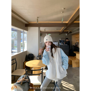 简约百搭颗粒绒拼接可拆卸马甲宽松正肩外套女 冰岛奶糕 BLUE