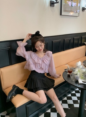 FF BLUE约会的温柔姐姐 韩里韩气紫色雪纺花瓣袖荷叶边衬衫女初秋