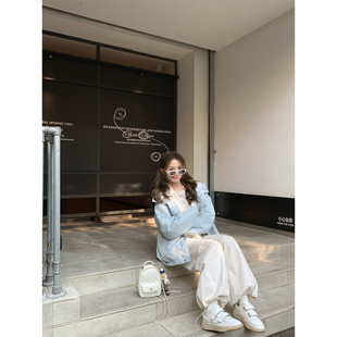 纯棉2色口袋抽绳工装 机能girl 裤 秋季 宽松直筒休闲阔腿裤 BLUE