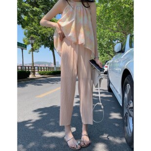 橘粉夏季 清透感凉凉裤 显瘦褶皱奶奶裤 九分休闲裤 女薄款 BLUE