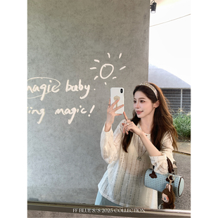 BLUE V领套头衫 恋爱氛围 针织衫 上衣秋 松弛感微透坑条落肩长袖