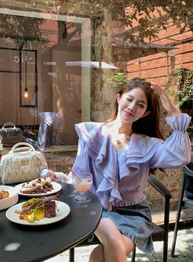 FF BLUE 紫罗兰花园 紫色花边翻领温柔衬衫荷叶边v领设计感上衣女