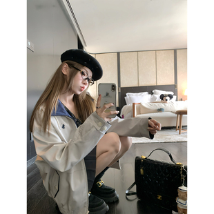 可拆卸夹棉翻领外套工装 露营周末 感休闲飞行夹克女秋冬 BLUE