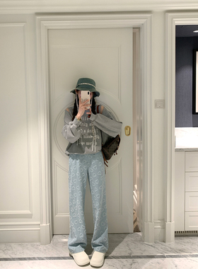 FF BLUE 甜心轰炸机 立体爱心工艺纯棉阔腿裤浅蓝色设计感牛仔裤