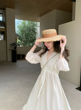 FF BLUE 仙仙白月光 大裙摆流苏拼接白色连衣裙温柔甜美v领长裙夏