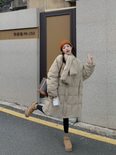 2色围巾小方块羽绒服女小个子中长款 咖啡麻薯 保暖外套 BLUE