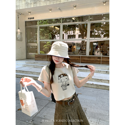 FFBLUE豹纹kitty华夫格小短T恤