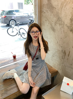 FF BLUE 复古小桃心 学院风气质收腰圆领背心裙灰色短款连衣裙女