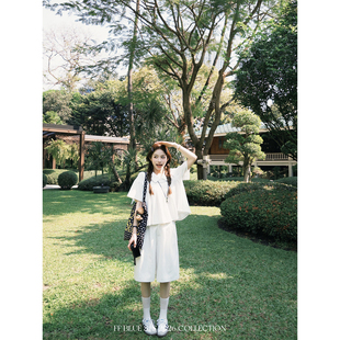 百褶蛋糕A字裙慵懒套装 Polo领上衣仿铜氨丝中裤 香水百合 BLUE