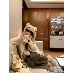 羊羔毛空气层麂皮马甲女秋冬小熊耳朵连帽背心 毛绒小熊 BLUE