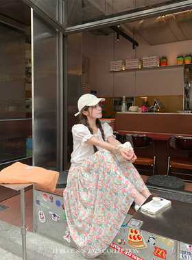 FF BLUE 午后花池 活泼少女感夏日碎花高腰半身长裙A字鱼尾中裙女
