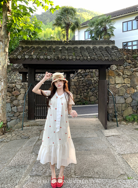 FF BLUE 樱桃心事 天丝纯棉立体刺绣长款波点裙A字连衣裙小个子女