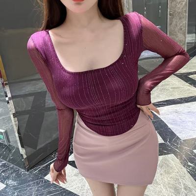 【御姐风】7601＃蕾丝网纱亮片性感纯欲打底上衣