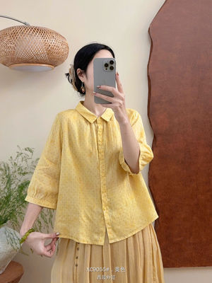2026新款波点苎麻翻领衬衫洋气复古女士中袖衬衣显瘦遮肉薄款小衫