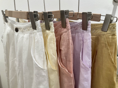 2026新款极简度假老钱风高腰刺绣苎麻休闲裤腰部绣花