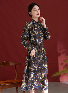 杭州真丝连衣裙女100蚕丝长袖气质褶皱显瘦款印花中长款82501815