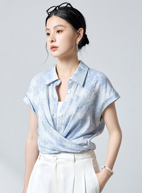 原创百搭通勤衬衫丝麻混纺晕染提花衬衣26夏新款系带小衫上衣3367