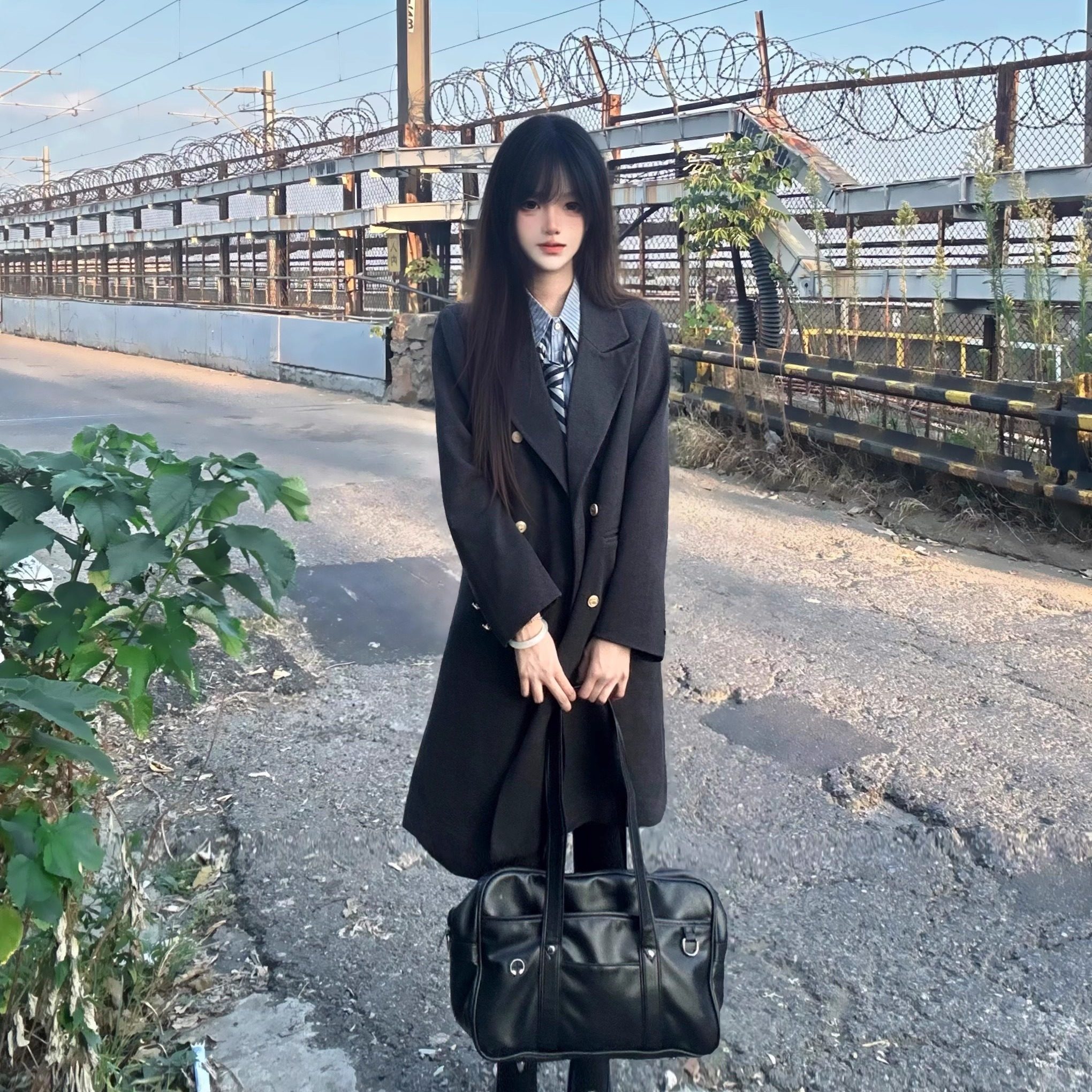 神仙club  原创jk制服毛呢大衣女冬 显瘦呢子黑色灰色学院风大衣