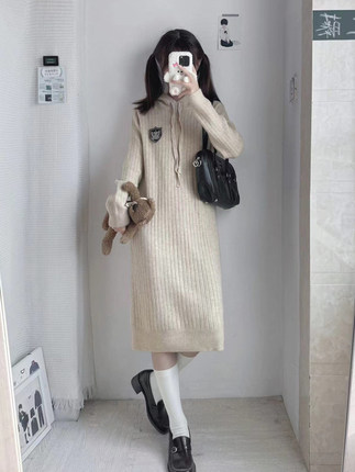 【神仙club】长款过膝连帽毛衣宽松纯色针织连衣裙甜美抽绳女秋冬