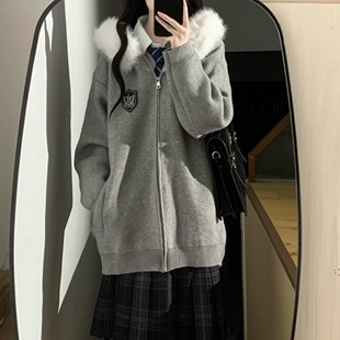 针织卫衣上衣 开衫 外套女秋冬加厚 jk灰色连帽毛领毛衣 神仙club