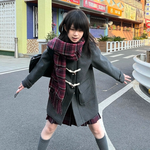 【神仙club】jk大衣连帽牛角扣呢子外套 中长款日系毛呢学院风