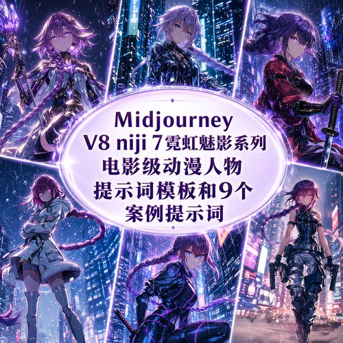 MidjourneyV8霓虹魅影niji7动漫提示词模板AI绘画prompt咒语指令