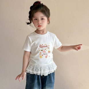 纯棉女童双蕾丝花边卡通印花T恤2026夏季新款中大童设计感上衣