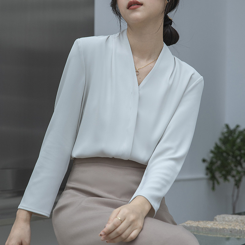 高级感V领长袖衬衫女春秋OL