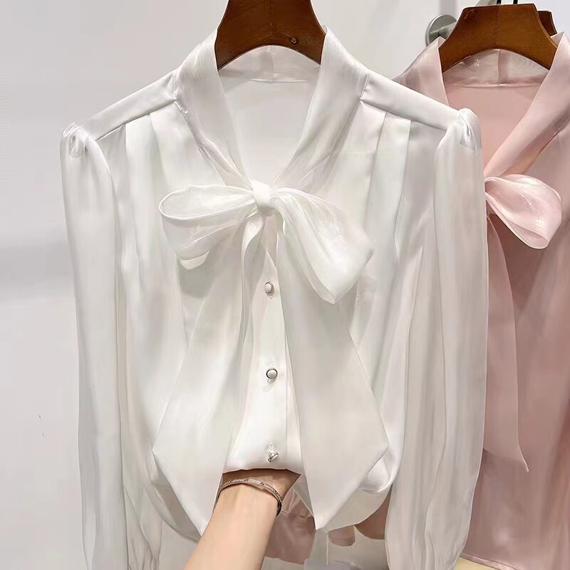 气质显瘦V领欧根纱雪纺衬衫女