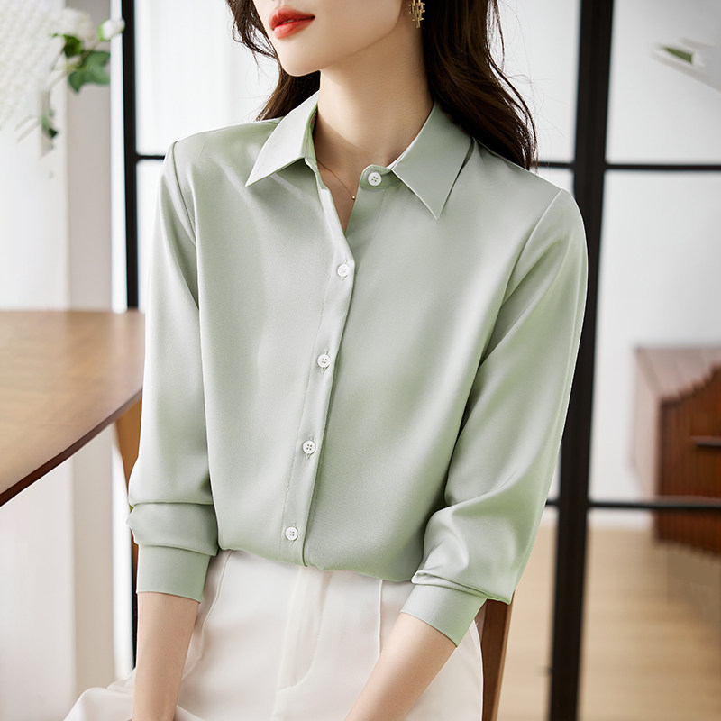 通勤简约绿色缎面女衬衫面试