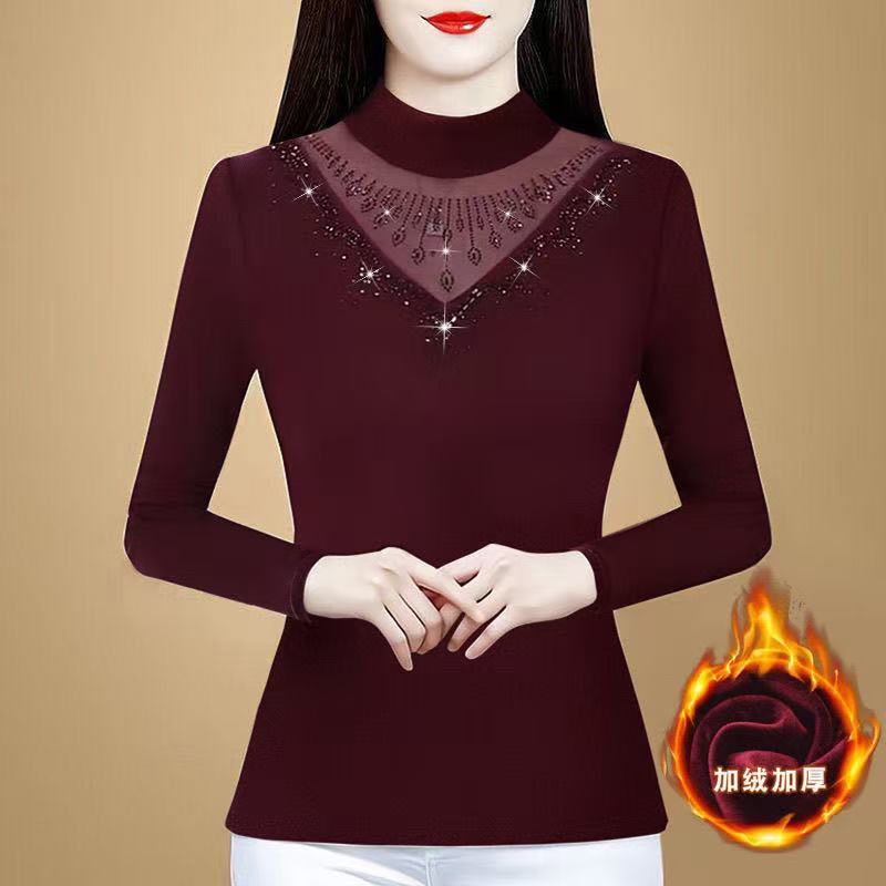女不加绒蕾丝半高领长袖打底衫