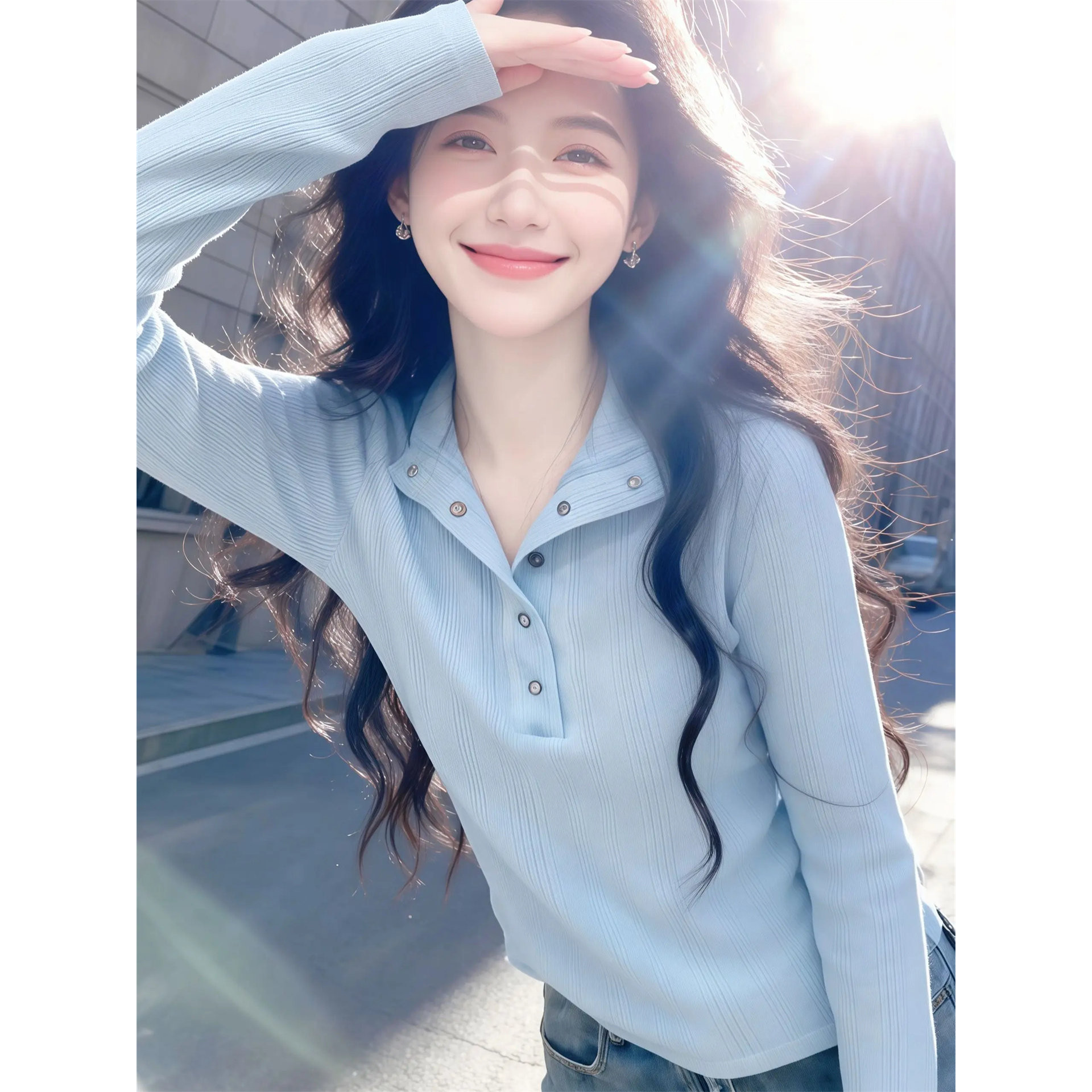 秋新翻领套头显瘦针织内搭T恤女