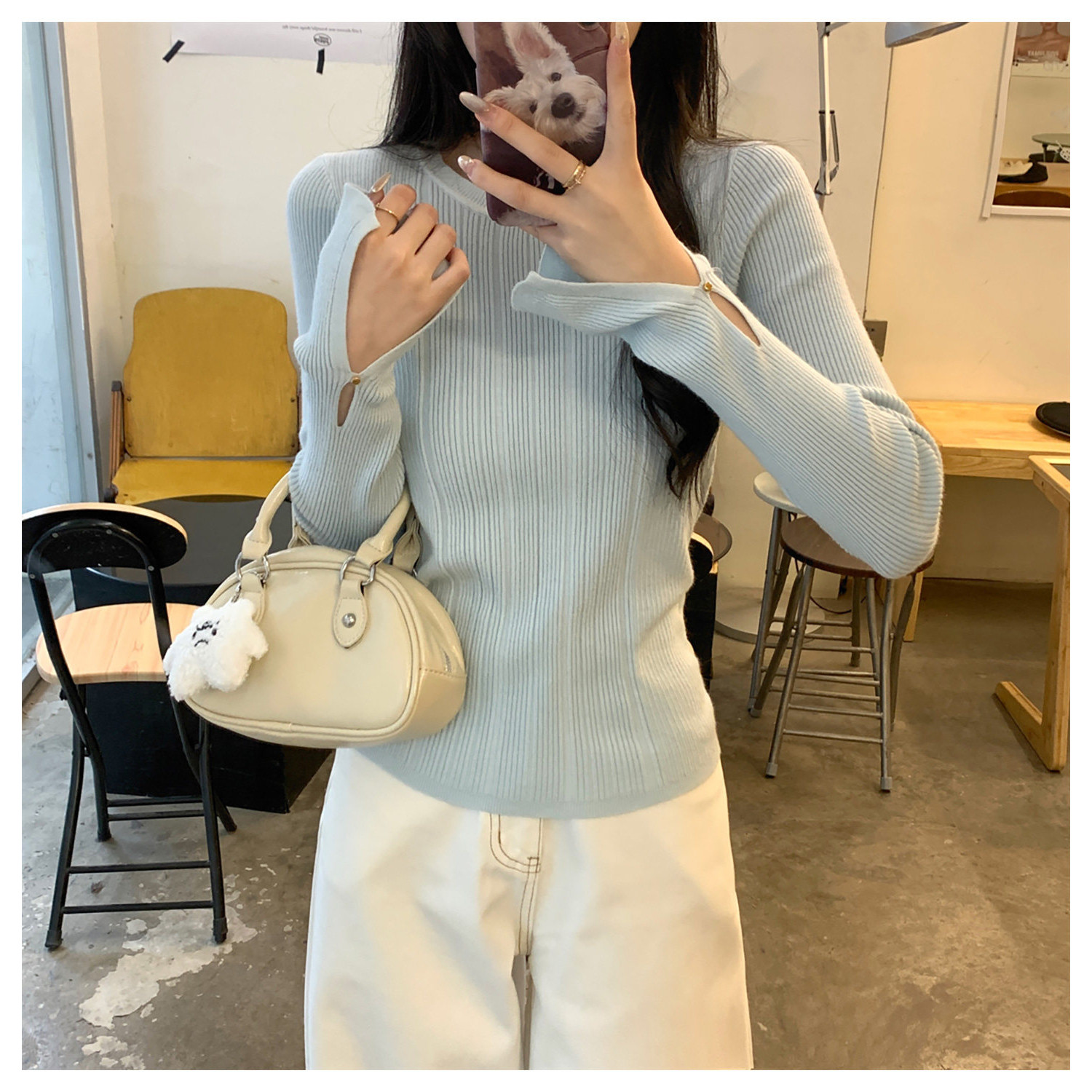 奶蓝韩版秋冬圆领修身打底毛衣女