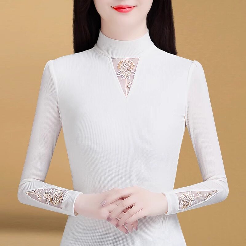 白色加绒加厚蕾丝打底衫女