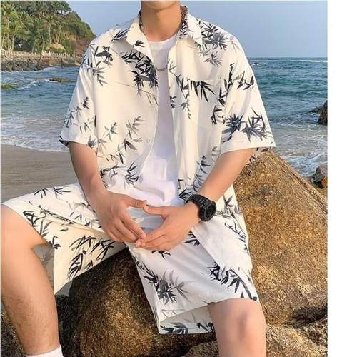 新中式国潮冰丝衬衫男短袖三亚夏季薄款凉爽休闲衬衣速干短裤套装