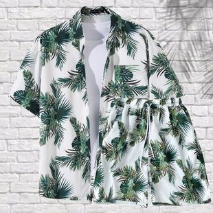 潮休闲运动夏威夷情侣海边短裤 男花衬衫 度假两件套12 沙滩套装 夏季