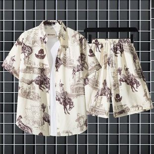 一整套男夏季 夏威夷情侣沙滩服套装 薄款 碎花衬衫 宽松短袖 冰丝短裤