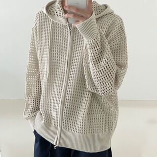 镂空针织衫外套男士开衫连帽外穿长袖防晒衣韩版潮流设计感毛衣潮