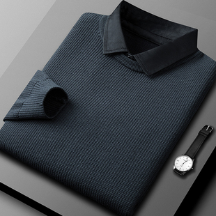 领轻商务加绒保暖针织衫 假两件毛衣衬衫 男士 莎芭绮秋冬翻领厚线衫