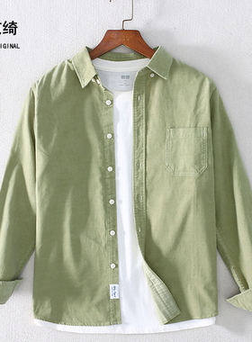 莎芭绮秋新款绿色纯棉灯芯绒长袖衬衫潮流休闲纯色条绒男长袖衬衣