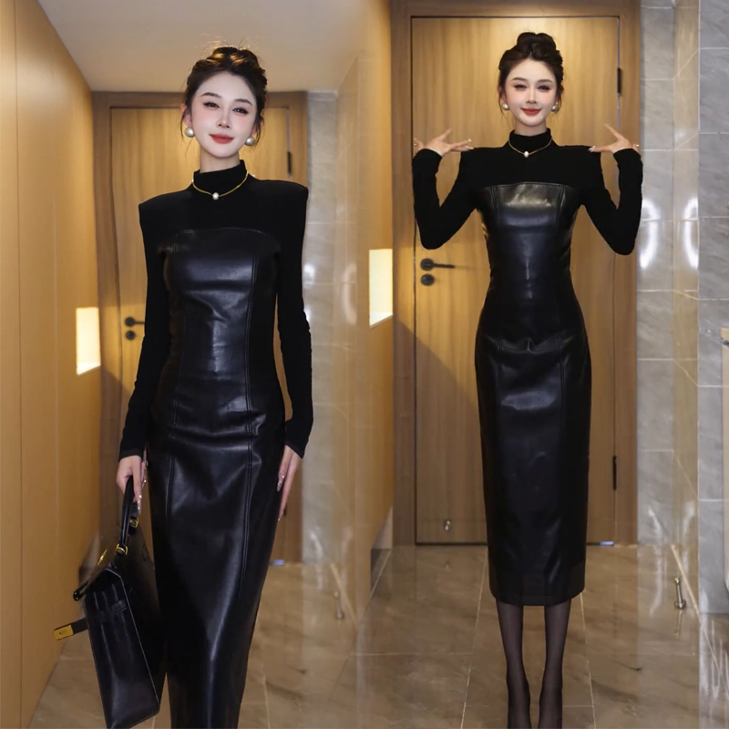 御姐高级感拼接皮裙连衣裙女2024秋冬气质时尚收腰包臀显瘦长裙潮