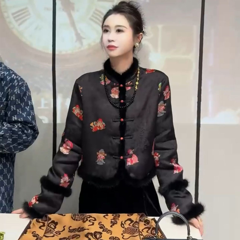 冬季新中式财神图案缎面提花毛毛棉衣/棉服