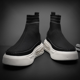 高帮鞋男秋季2025新款潮流鞋子厚底弹力袜子鞋袜靴一脚蹬套脚板鞋