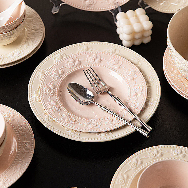 浮雕奶油风碗碟套装家用盘子菜盘陶瓷饭碗汤碗鱼盘高颜值碗盘餐具