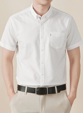 奥莱折扣正品保罗纯棉短袖衬衫男士夏季薄款纯色休闲百搭透气衬衣