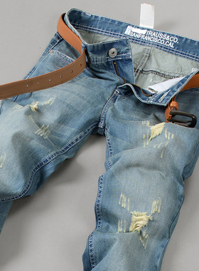 修身小脚破洞牛仔裤男潮流时尚抓痕2024新款低腰显瘦直筒裤子长裤