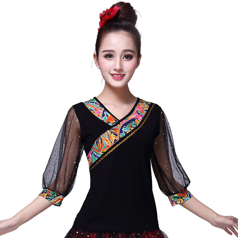 花边V领舞蹈上衣中老年新疆舞服图片