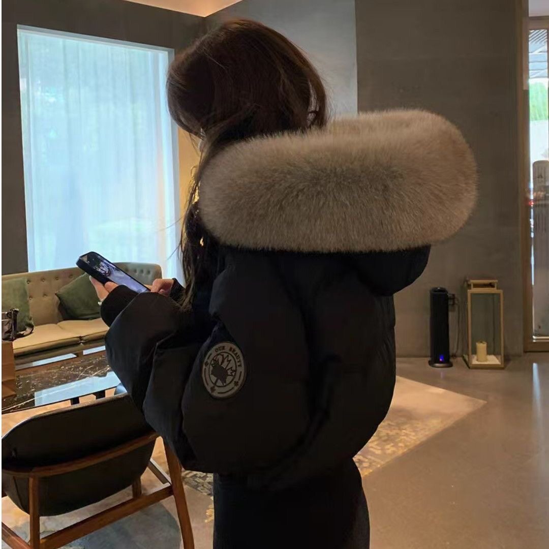 冬季新款加绒加厚棉服女短款连帽超大毛领时尚收腰显瘦外套女
